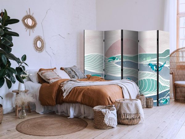 Room Divider - Picturesque Landscape With Fish - Sunset And Koi Fish in Shades of Turquoise And Blue Floating Above The Water