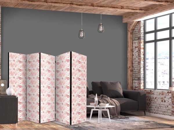 Room Divider - Pink Blossoming - Flowers in Warm Colors on a White Background