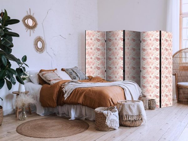 Room Divider - Pink Blossoming - Flowers in Warm Colors on a White Background