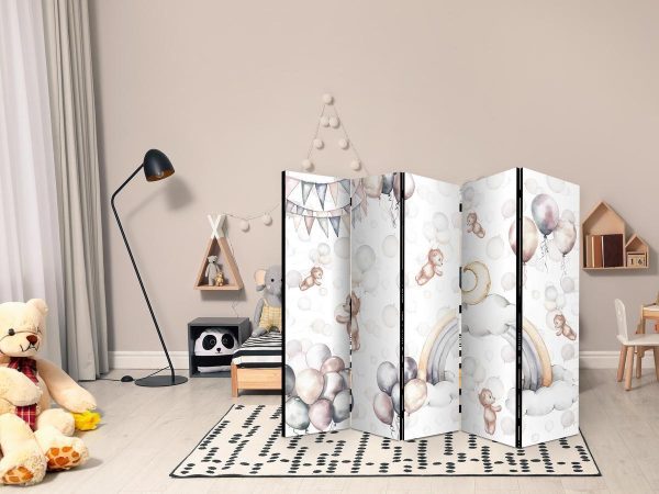 Room Divider - Plush Bears with Balloons - Flying Light-Brown Bears Among Balloons - Clouds - and Rainbows in Subdued - Pastel Hues