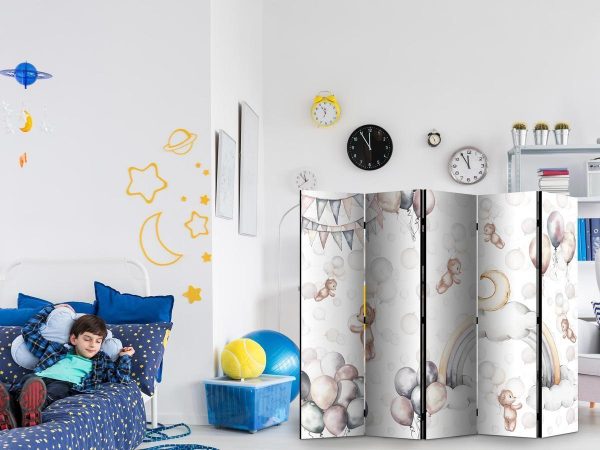 Room Divider - Plush Bears with Balloons - Flying Light-Brown Bears Among Balloons - Clouds - and Rainbows in Subdued - Pastel Hues