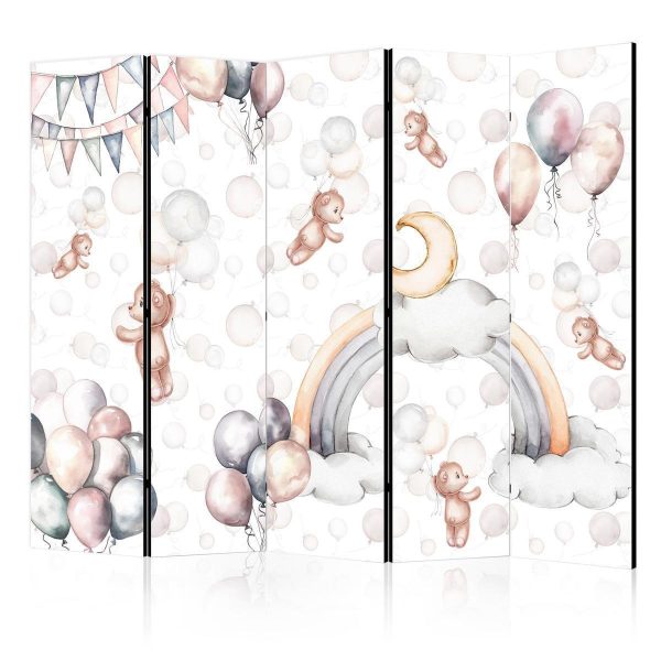 Room Divider - Plush Bears with Balloons - Flying Light-Brown Bears Among Balloons - Clouds - and Rainbows in Subdued - Pastel Hues