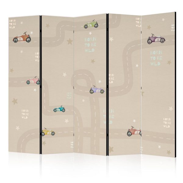 Room Divider - Race - Colorful Cars on a Road on a Beige Background with Stars