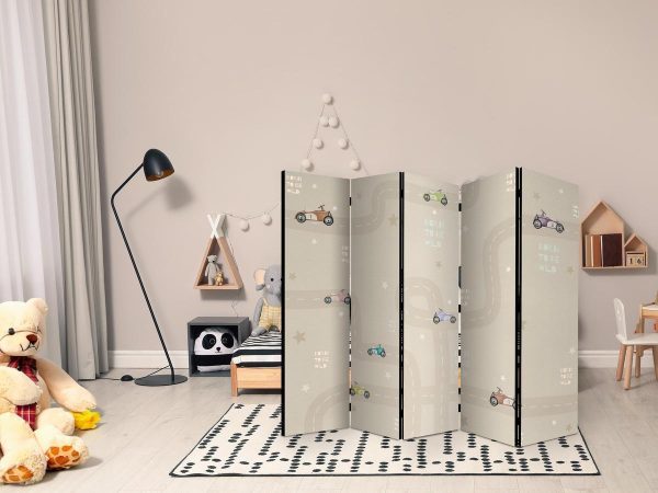 Room Divider - Race - Colorful Cars on a Road on a Beige Background with Stars