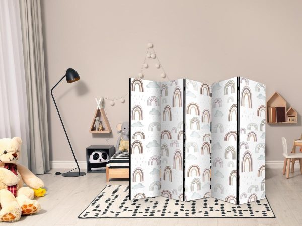 Room Divider - Rainbows and Clouds - Rainbows of Various Sizes in Muted Colors Among Rain Clouds in a Pale Blue Shade