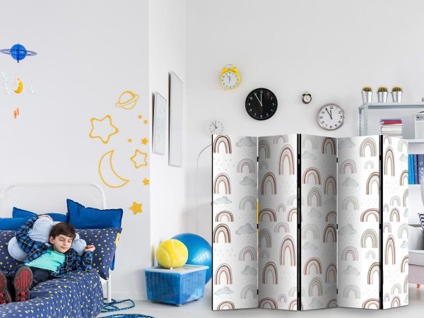 Room Divider - Rainbows and Clouds - Rainbows of Various Sizes in Muted Colors Among Rain Clouds in a Pale Blue Shade