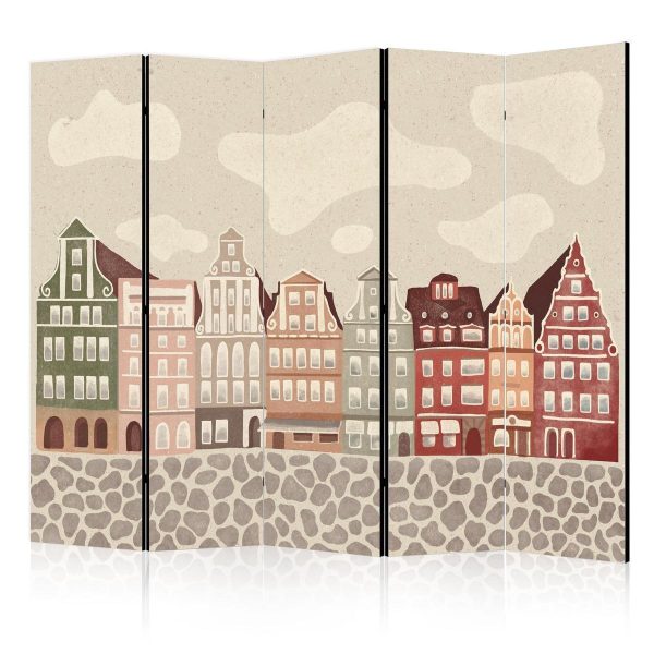 Room Divider - Salt Square - Colorful Illustrated Townhouses Against a Sky with Clouds Background