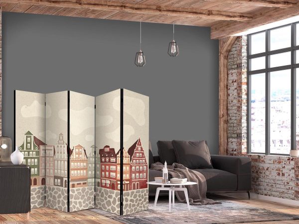 Room Divider - Salt Square - Colorful Illustrated Townhouses Against a Sky with Clouds Background