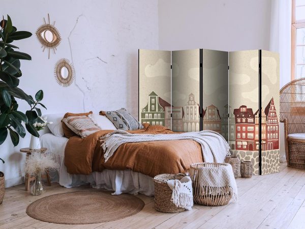 Room Divider - Salt Square - Colorful Illustrated Townhouses Against a Sky with Clouds Background
