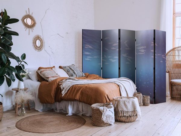 Room Divider - School of Small Fish - Illuminated Oceanic Depth in Shades of Navy Purple and Gray with a Shoal of Tiny Fish