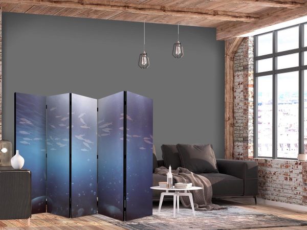 Room Divider - School of Small Fish - Illuminated Oceanic Depth in Shades of Navy Purple and Gray with a Shoal of Tiny Fish