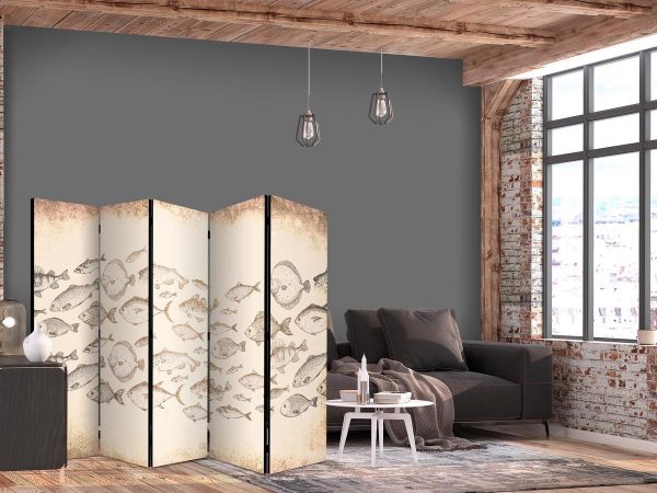 Room Divider - Sketch of a Fish School - Sketches of Various Fish Species Swimming in a School on a Beige Background in Vintage Style