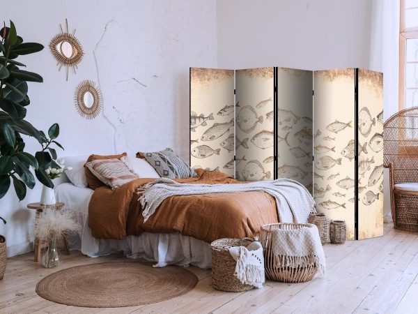 Room Divider - Sketch of a Fish School - Sketches of Various Fish Species Swimming in a School on a Beige Background in Vintage Style