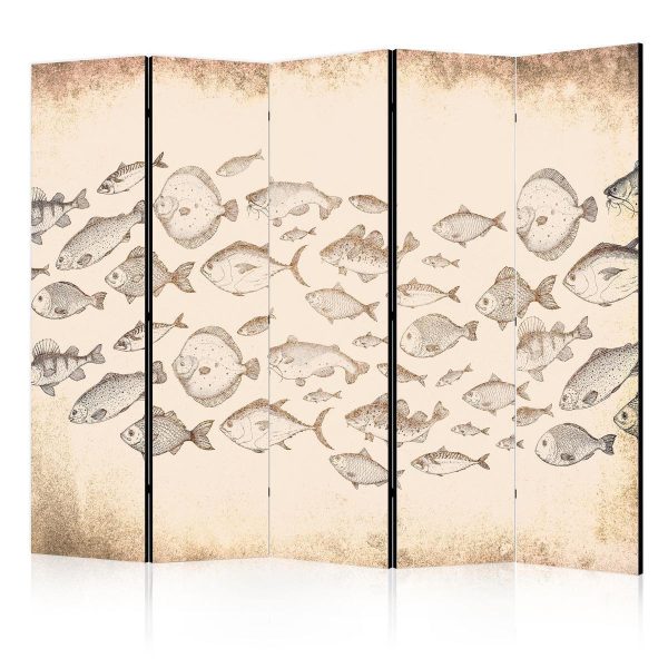 Room Divider - Sketch of a Fish School - Sketches of Various Fish Species Swimming in a School on a Beige Background in Vintage Style
