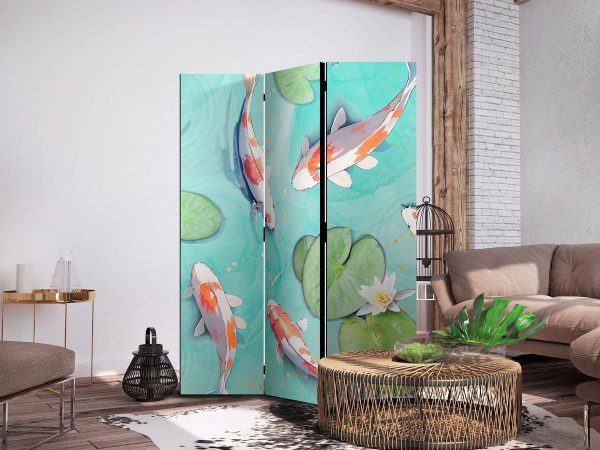 Room Divider - Spectacular Fish - White-Orange Koi Fish Swimming in Crystal Clear Water with Water Lilies