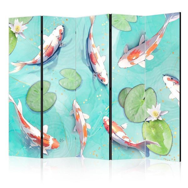 Room Divider - Spectacular Koi Fish - White-Orange Koi Fish Swimming in Crystal Clear Water With Water Lilies