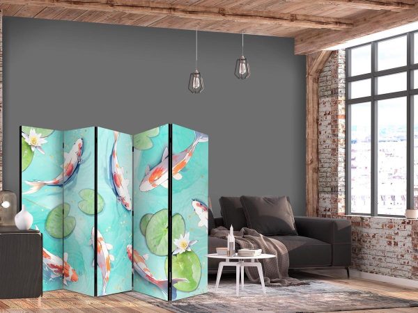 Room Divider - Spectacular Koi Fish - White-Orange Koi Fish Swimming in Crystal Clear Water With Water Lilies