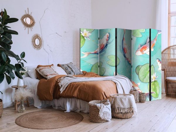 Room Divider - Spectacular Koi Fish - White-Orange Koi Fish Swimming in Crystal Clear Water With Water Lilies