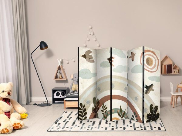 Room Divider - Sun Above the Rainbow - Birds in Subdued Colors Flying Among Clouds Above a Rainbow and Vegetation on a Light Beige Background