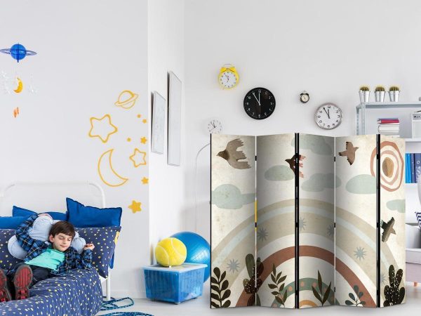 Room Divider - Sun Above the Rainbow - Birds in Subdued Colors Flying Among Clouds Above a Rainbow and Vegetation on a Light Beige Background