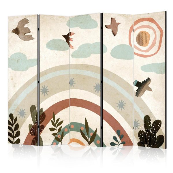 Room Divider - Sun Above the Rainbow - Birds in Subdued Colors Flying Among Clouds Above a Rainbow and Vegetation on a Light Beige Background
