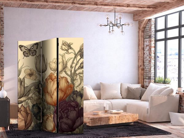 Room Divider - Tulips in Cream - Illustration of Flowers and Butterflies on a Light Background - Image 2