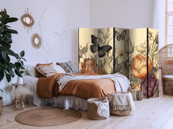 Room Divider - Tulips in Cream - Illustration of Flowers and Butterflies on a Light Background