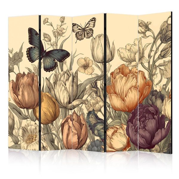 Room Divider - Tulips in Cream - Illustration of Flowers and Butterflies on a Light Background