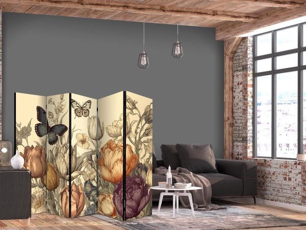 Room Divider - Tulips in Cream - Illustration of Flowers and Butterflies on a Light Background