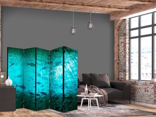 Room Divider - Underwater Paradise - Numerous Shoal of Fish in a Beautiful Turquoise-Blue Depth Illuminated by Sunlight