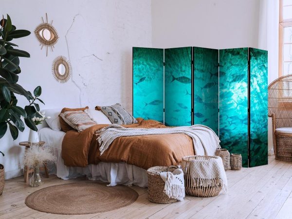 Room Divider - Underwater Paradise - Numerous Shoal of Fish in a Beautiful Turquoise-Blue Depth Illuminated by Sunlight