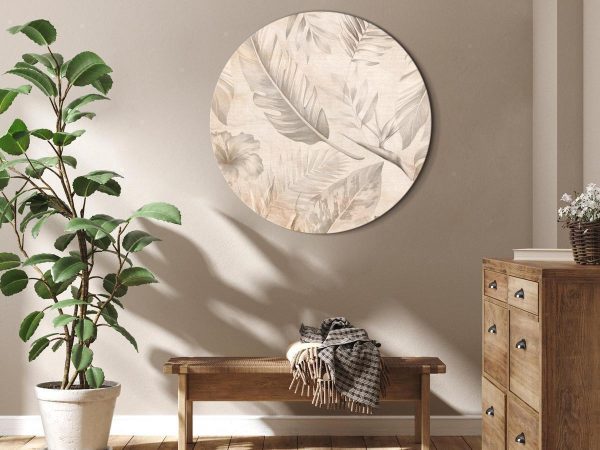Round Canvas Print - A multitude of exotic leaves and flowers - A subtle composition of tropical plant species maintained in sepia tones/Tropics in sepia