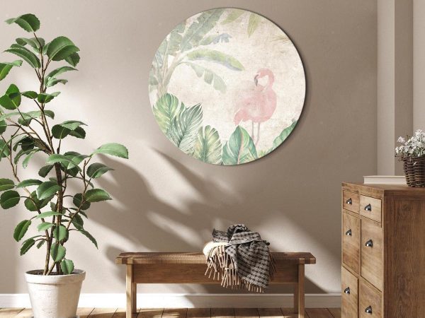 Round Canvas Print - Birds wading among exotic flora - Flamingos amidst lush tropical vegetation in soft pastel shades of green/Birds in the jungle