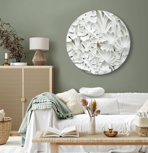 Round Canvas Print - Carved Nature - Pattern With White Leaves Made of Stone