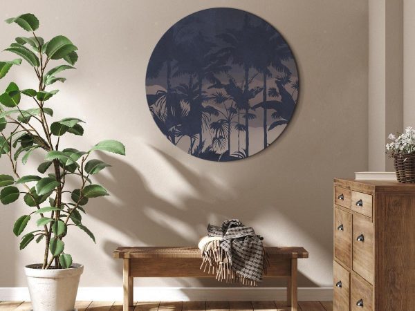 Round Canvas Print - Evening in an exotic forest - Tropical greenery under the cover of night against the backdrop of mountainous terrain/Jungle at night