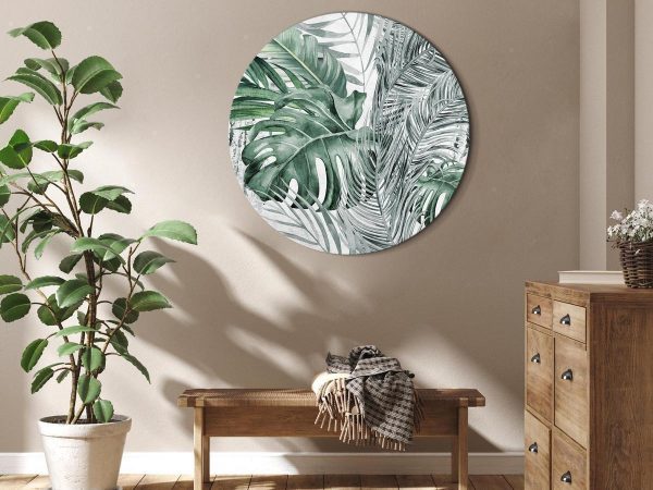 Round Canvas Print - Exotic flora - A variety of tropical vegetation in shades of celadon and sage green/Dense jungle