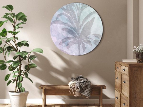 Round Canvas Print - Palm trees in the fog - Palm trees among pastel clouds in purple and celadon tones/Misty tropics