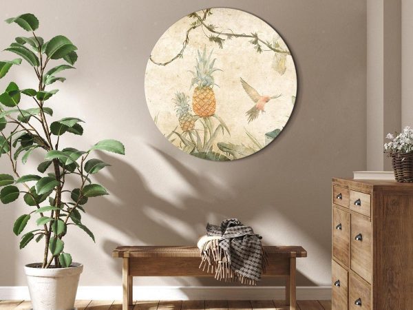 Round Canvas Print - Tropics in muted colors - Parrots and pineapples amidst lush exotic flora in soft shades of green/Parrots in the jungle