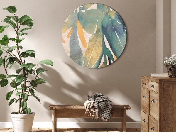 Round Canvas Print - Watercolor exotics - Hanging delicate tropical plants in colors of green and yellow on a beige background/Watercolor tropics
