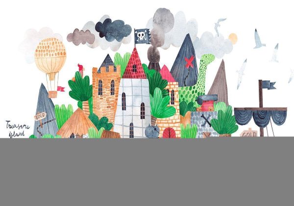 Wall Mural - A colourful treasure island with a castle - a pirate ship at sea for children