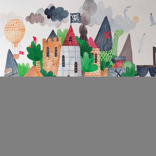 Wall Mural - A colourful treasure island with a castle - a pirate ship at sea for children