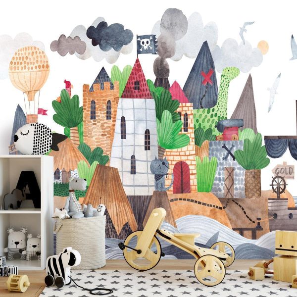 Wall Mural - A colourful treasure island with a castle - a pirate ship at sea for children