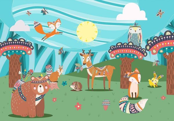Wall Mural - Adventures in the forest - forest animals in an Indian theme for children