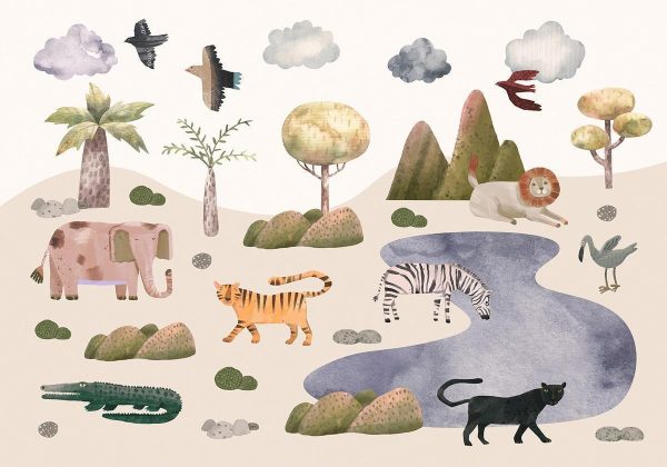 Wall Mural - Africa for Toddlers - Savannah Animals in Pastel Colours