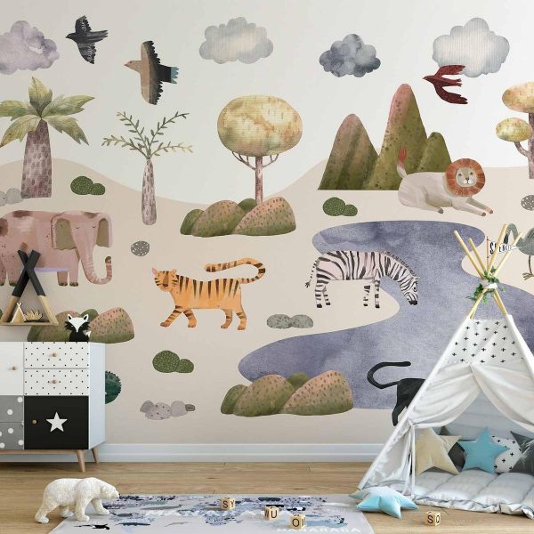 Wall Mural - Africa for Toddlers - Savannah Animals in Pastel Colours