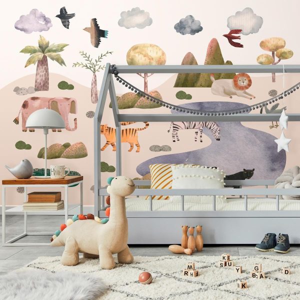 Wall Mural - Africa for Toddlers - Savannah Animals in Pastel Colours