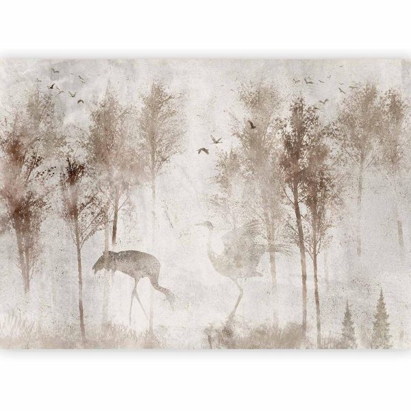 Wall Mural - Among the trees - landscape in grey tones in fog in a clearing with birds