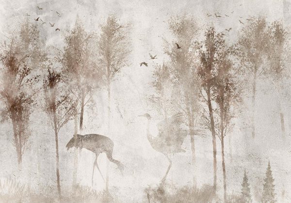 Wall Mural - Among the trees - landscape in grey tones in fog in a clearing with birds