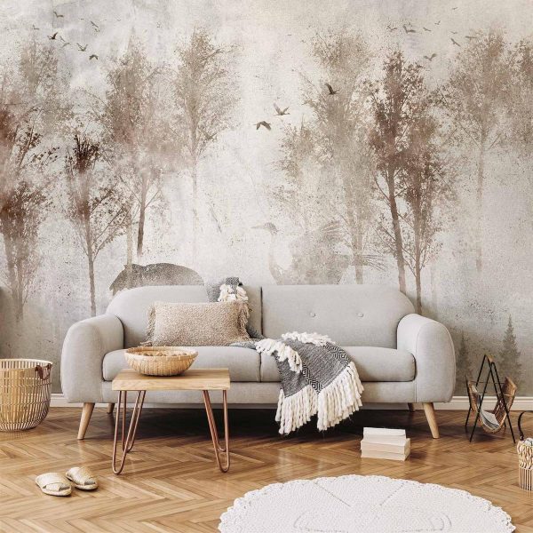 Wall Mural - Among the trees - landscape in grey tones in fog in a clearing with birds