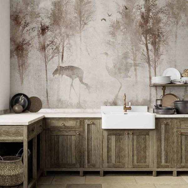 Wall Mural - Among the trees - landscape in grey tones in fog in a clearing with birds